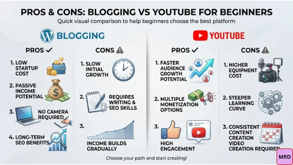 Blogging vs YouTube income comparison infographic